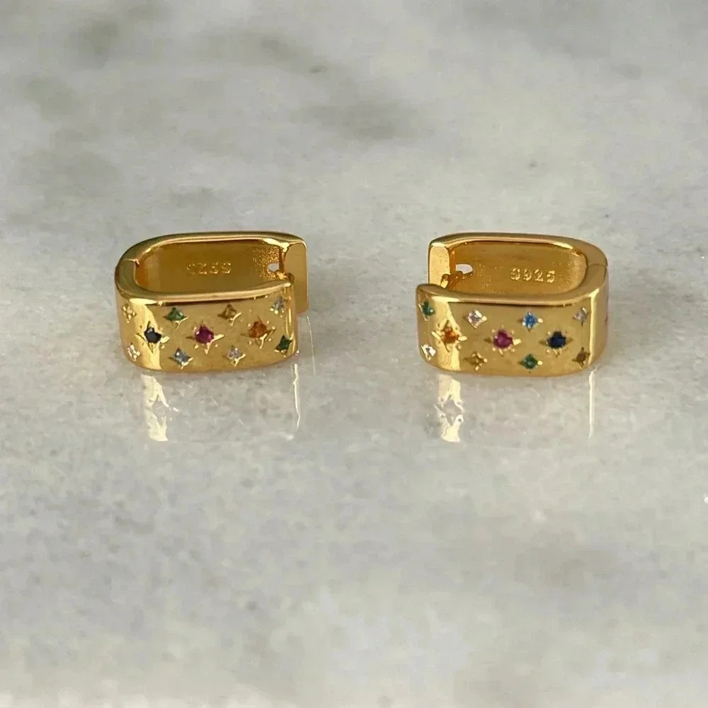 New Stock! Gold Crystal Star Burst Colorful Oval Chunky Hoop Huggie Earrings